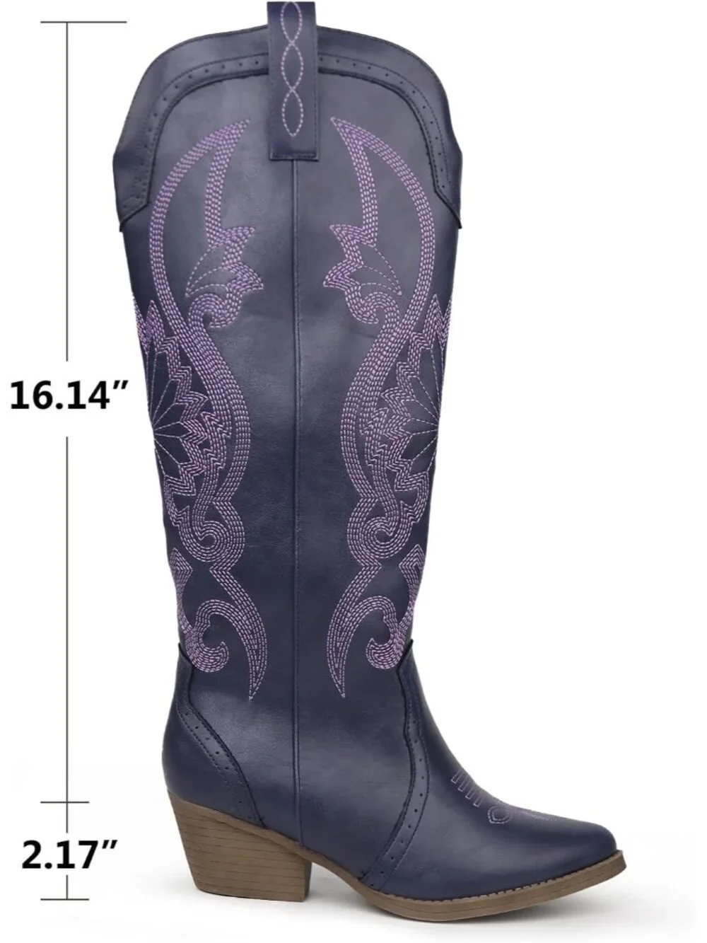 Women's Purple Pointed Toe Block Heel Classic Embroidered Western Knee High Boot